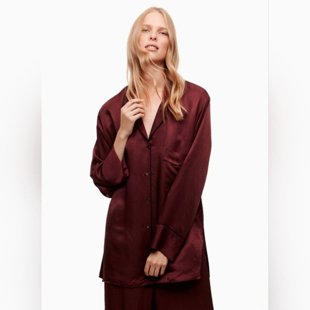 NWT Aritzia Wilfred Murol Preppy Oversized Sleek Truffle Black Pipping Shirt M